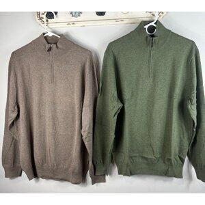 2 Jos A Bank Men's Sweater 100% Pima Cotton 1/4 Zip Olive Green & Khaki XL